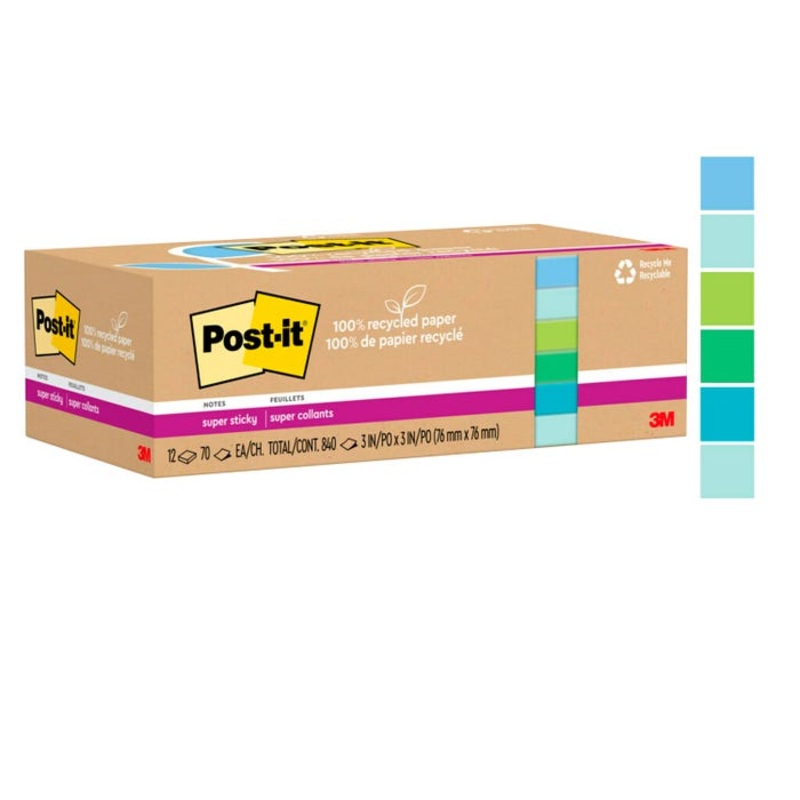 Post-it Recycled Paper Super Sticky Notes, 3 x 3 Inches, Oasis Collection Colors, 70 Sheets/Pad, Pack 12