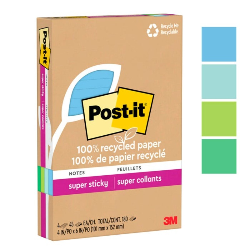 Post-it Recycled Paper Super Sticky Notes, 4 x 6 Inches, Oasis Collection Colors, 45 Sheets/Pad, Pack of 4