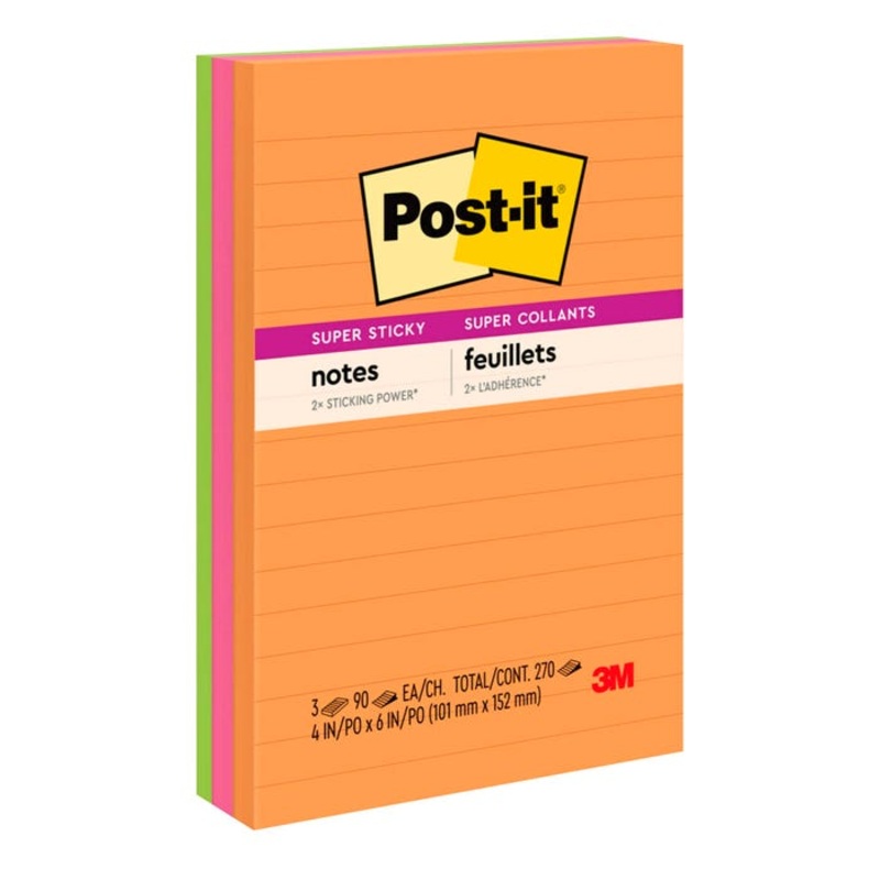 Post-it Super Sticky Lined Notes, 4 x 6 Inches, Energy Boost Colors, Pack of 3