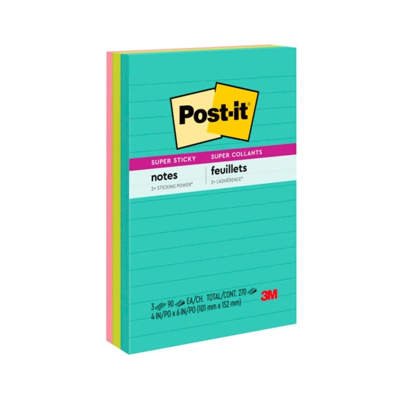 Post-it Super Sticky Lined Notes, 4 x 6 Inches, Miami Colors, 3 Pads with 90 Sheets