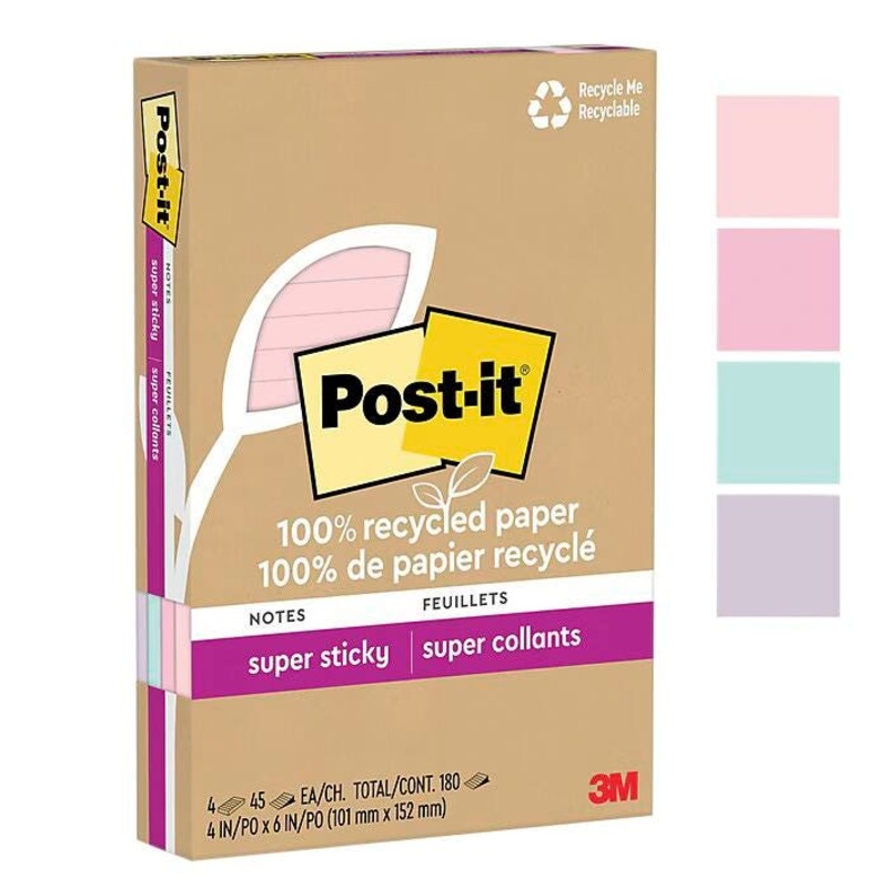 Post-it Super Sticky Lined Recycled Notes, 45 Sheets, 4 x 6 Inches, Wanderlust Pastels, Pack of 4