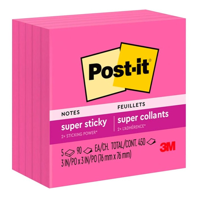 Post-it Super Sticky Notes, 3 x 3 Inches, Power Pink, 5 Pads/Pack, 90 Sheets/Pad