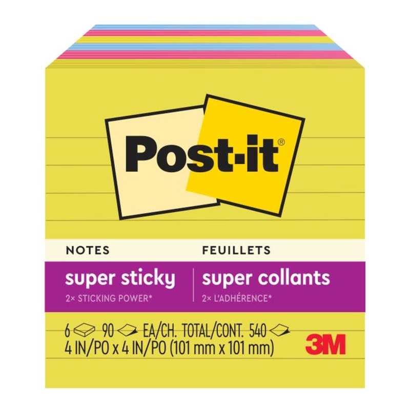 Post-it Super Sticky Notes, 4 x 4 Inches, Lined, Summer Joy Colors, 90 Sheets/Pad, Pack of 6