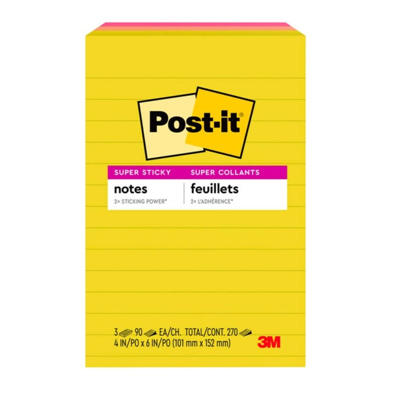 Post-it Super Sticky Notes, 4 x 6 Inches, Summer Joy, Lined 3 Pads per Pack, 90 Sheets per Pad