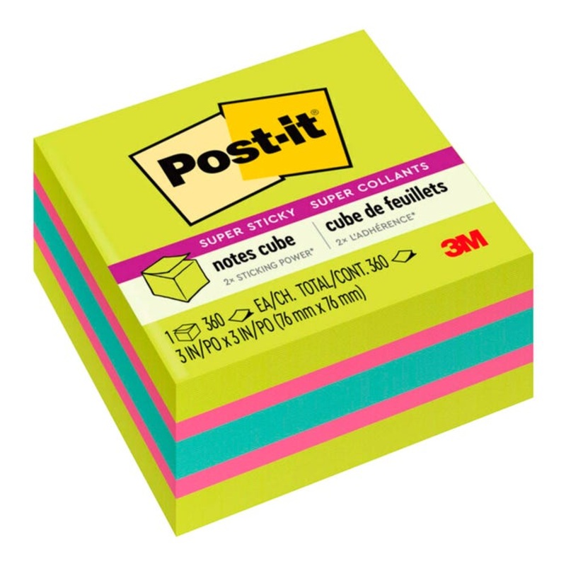 Post-it Super Sticky Notes Cube, 3 x 3 Inches, Bright Colors, 1 Cube per Pack, 360 Sheets per Cube