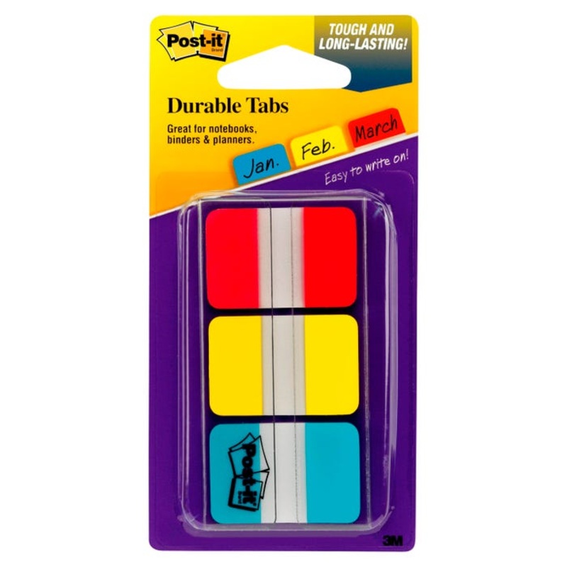 Post-it Tabs, 1 x 1-7/10 Inches, Red, Yellow, Aqua, 22 Tabs per Color, Pack of 66