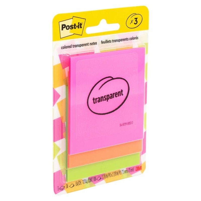 Post-it Transparent Notes, 2-7/8 x 2-7/8 Inches, Assorted Colors, 36 Sheets/Pad, Pack of 3