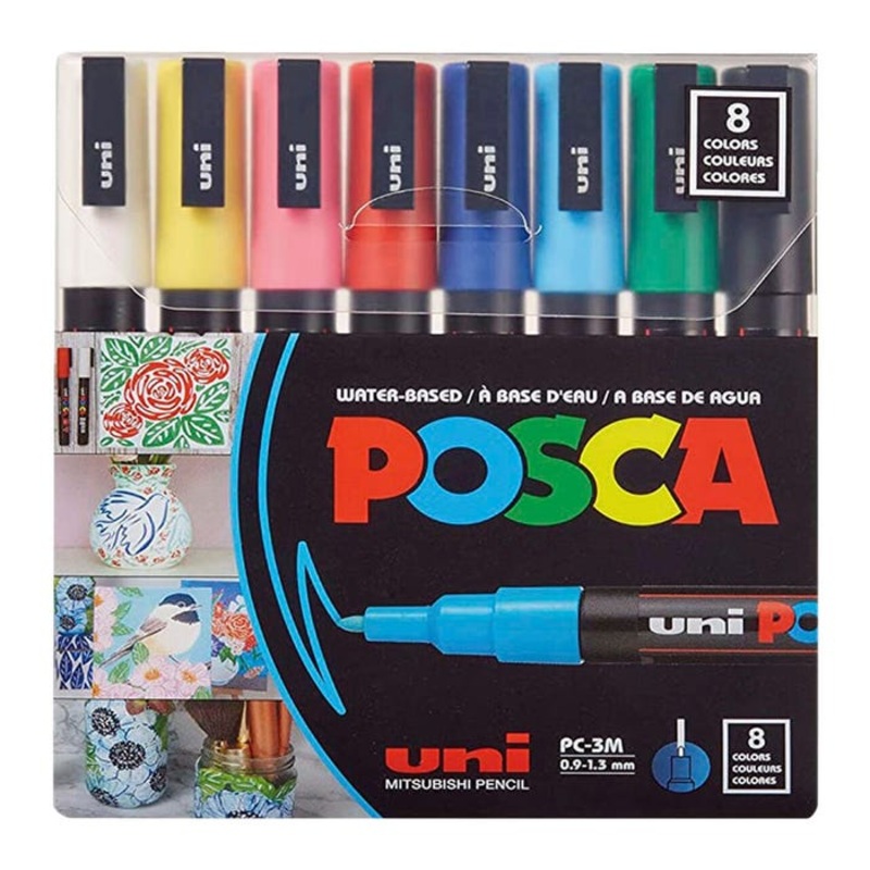 uni POSCA PC-3M Water-Based Paint Markers, Reversible Fine Tip (0.9-1.3mm), Assorted Colors, 8 Pack