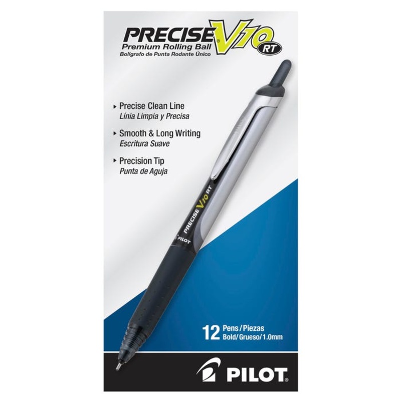 Pilot Precise V10 RT Refillable & Retractable Rolling Ball Pens, Bold Point, Black Ink, Pack of 12