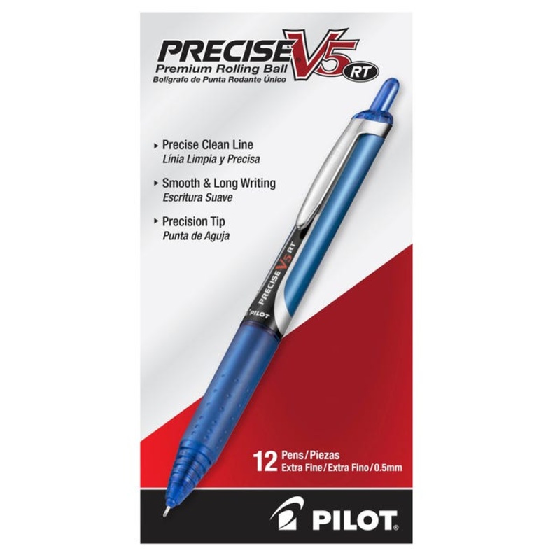 Pilot Precise V5 Retractable Premium Retractable Rolling Ball Pens, Extra Fine Point, Blue Ink, Pack of 12